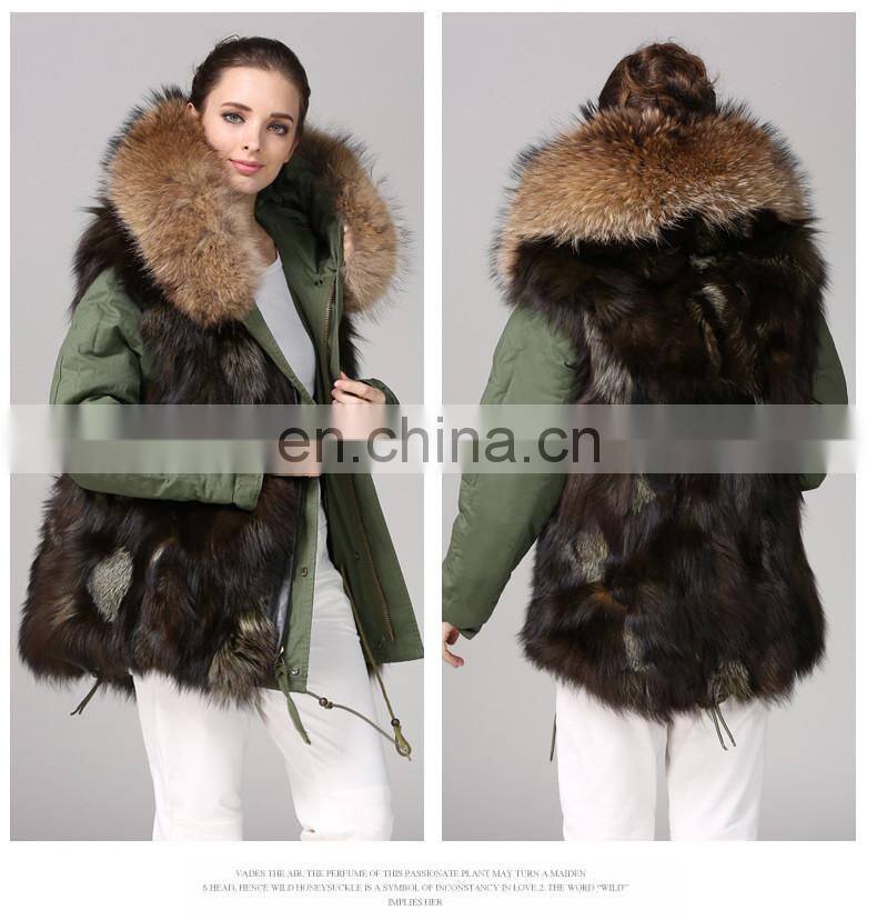 Italy Designer Army Real Fox Fur Parka 2016 Women Jackets With Natural Fur Collar