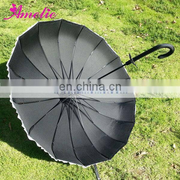 A0423 Gothic Black Pagoda Parasol with flower trim