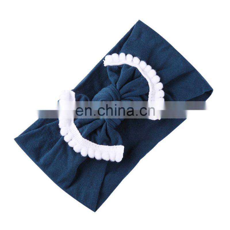33Colors Kids Solid Nylon Headband with fringe Bow Girls Pom Pom Soft Headwear