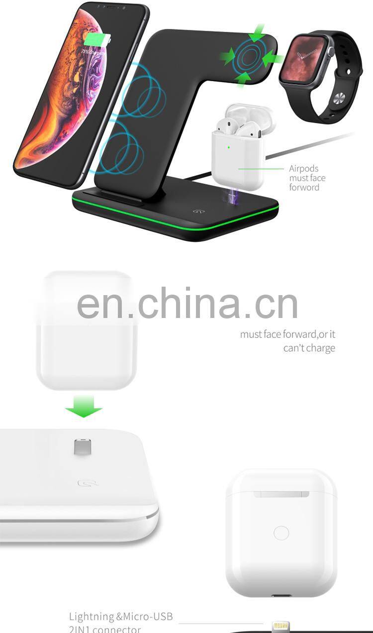 Newest 2020 shenzhen universal wireless charger usb hub fast sucker Watch mobile phone headset 3 in 1 in car wireless charger