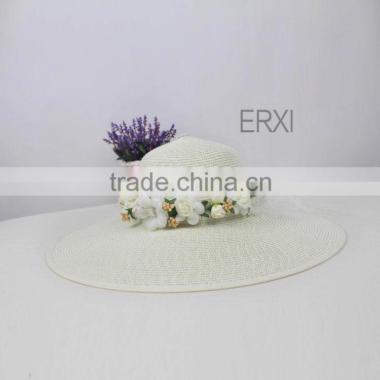 Wholesale Alibaba Laidies Design Summer Paper Straw Panama Hat With Flower Garland