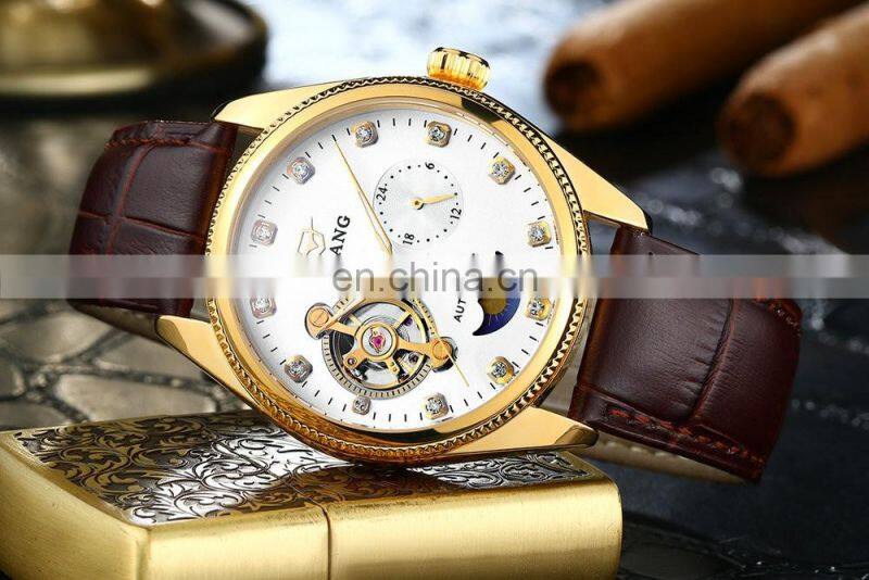 AILANG 8503G Luxury Hardlex Diamond Watch Automatic Mechanical Leather Band Wristwatch Diamond Decoration Men Watch