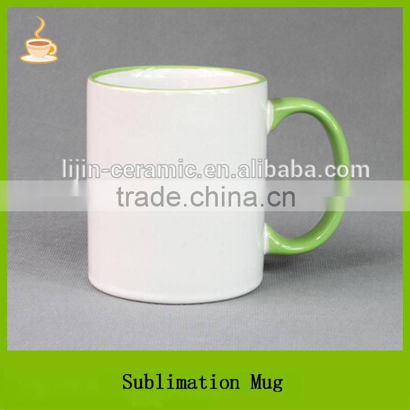 White coated with color handle and rim on the mouth cheap sublimation ceramic mug, T/T