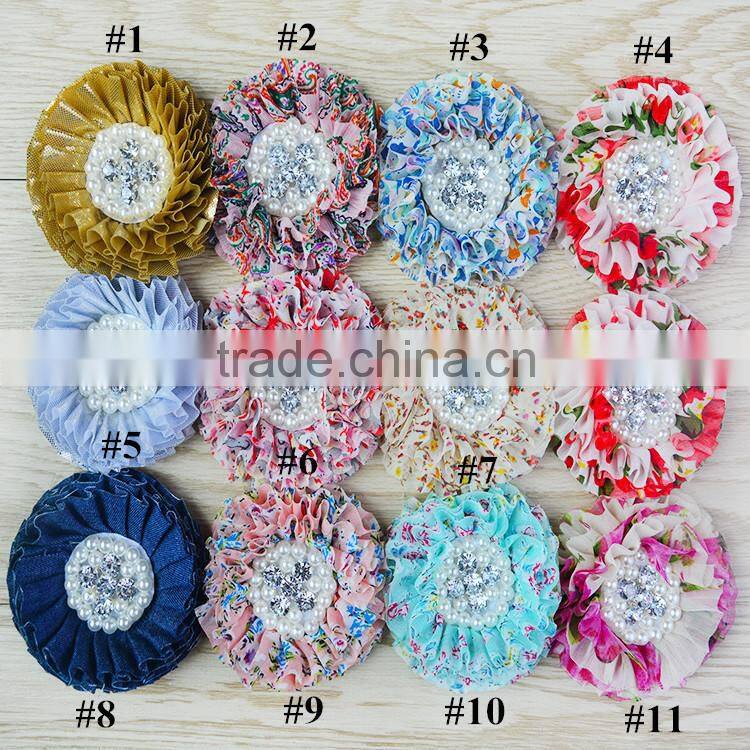 high quality large arificial Flower - 25colors Fabric Flower with Crystal Rhinestone Pearls Center Hair Accessory