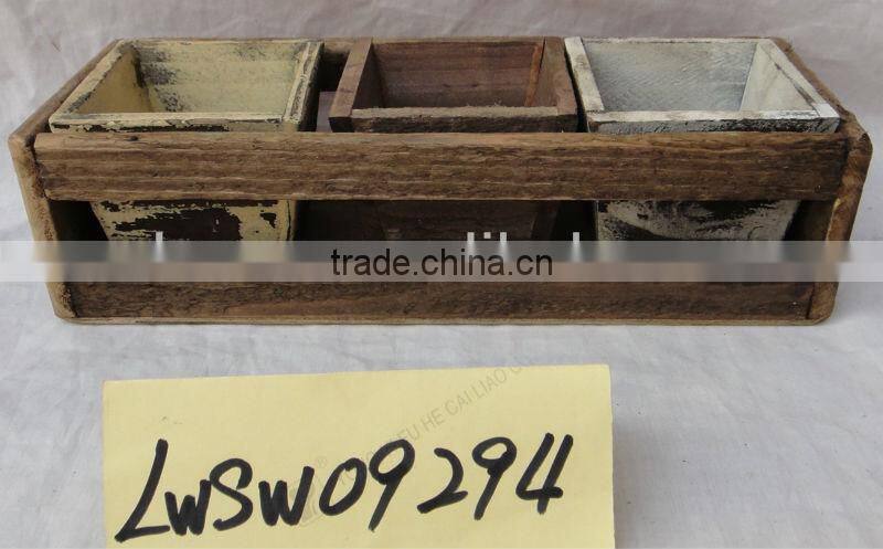 Natural shabby chic wood flower planter with three planters