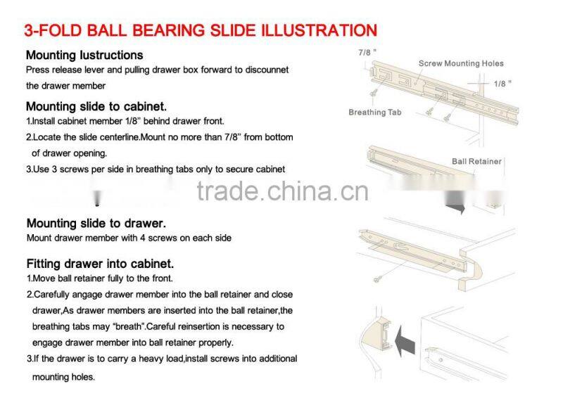 Ball bearing good quality 3 fold telescopic slide from jieyang