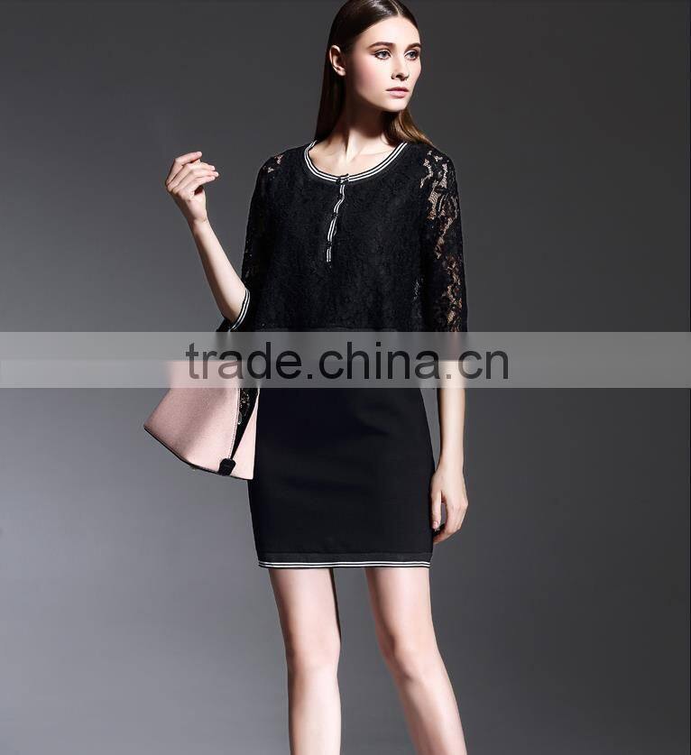 2015 latest european style elegant black lace long sleeve overlay evening dress
