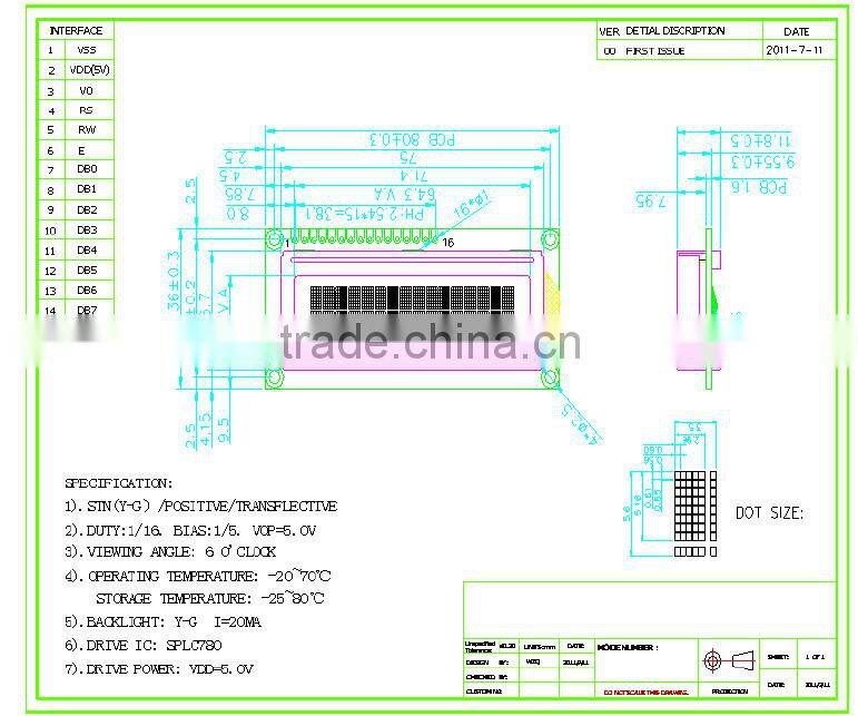 1602 lcd module,dot-martix display,yellow-green transflective STN