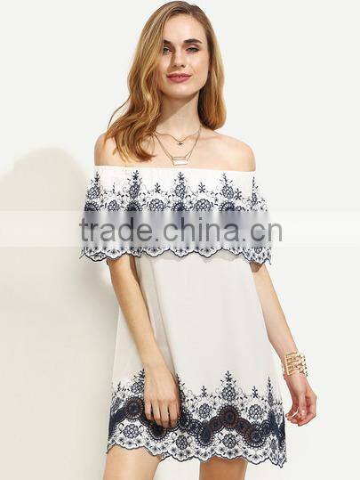 Dresses latest women girl design fashion photos White Embroidered Ruffle Off The Shoulder Dress
