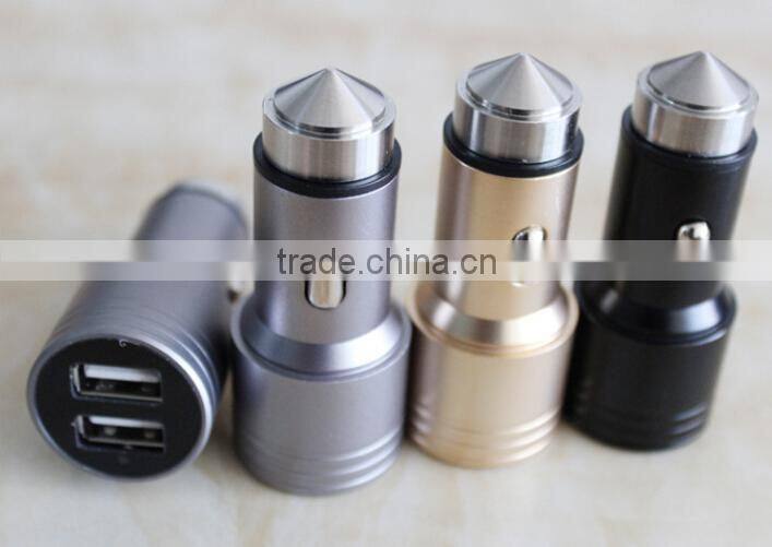 Colorful Aluminum Dual USB Car Charger Escape Equipment Metal Safety Hammer Shape Car Charger For Mobile Devices