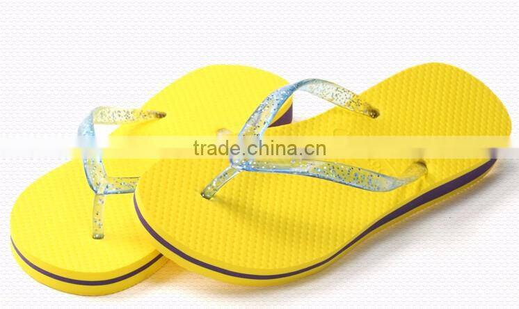 2016 bulk cheap plain ladies heat printing glitter strap upper yellow PE flip flops