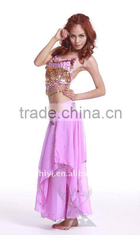 Chiffon Belly Dance Top with gold coins and beads for women dancers (SZ002)