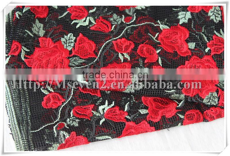 In Stock african big red rose embroidered dress fabric wholesale
