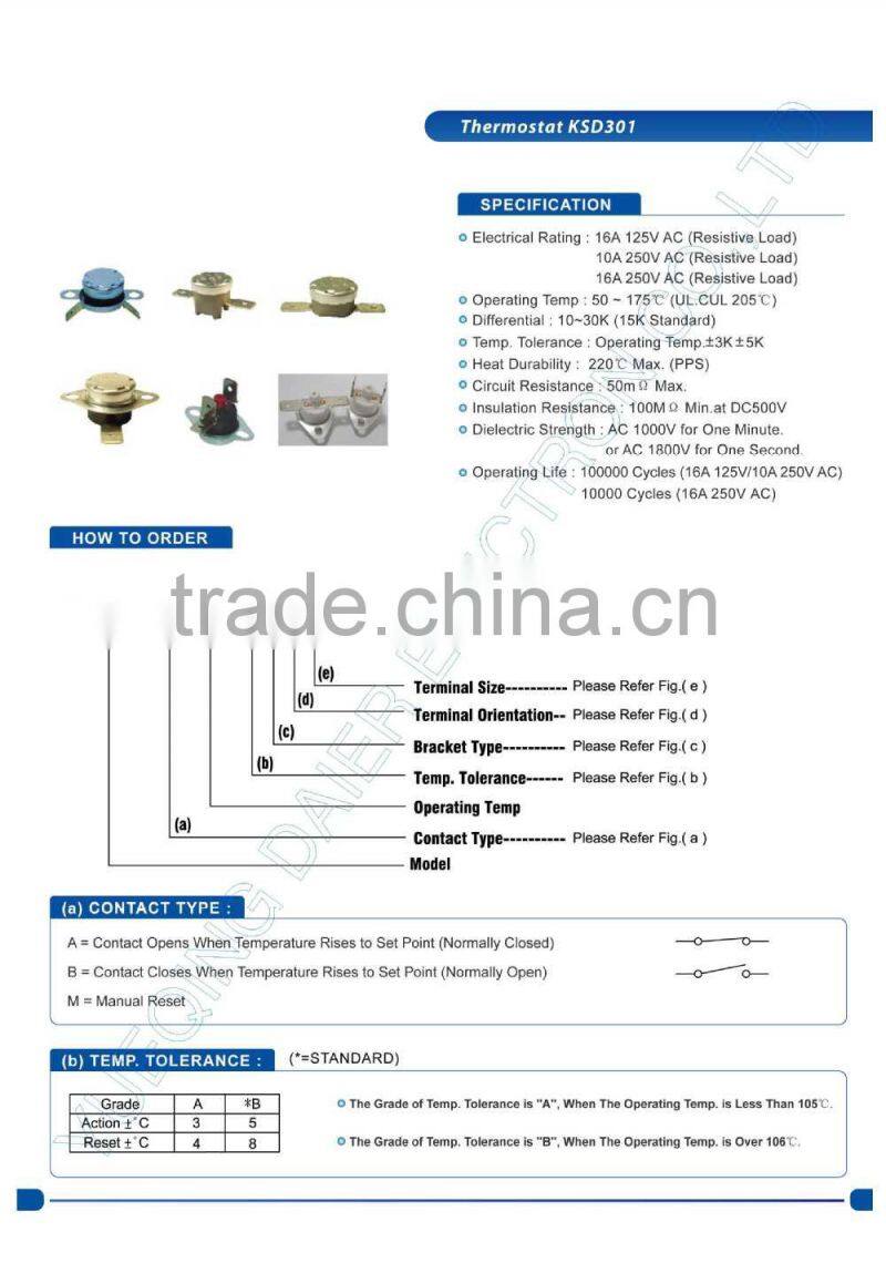 10/15A 250VAC NO/NC Temperature Thermostat KSD301 Manual Reset Thermostat