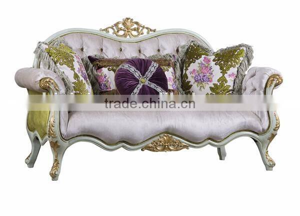 Elegant Purple & Green ButtonTufted Cuddle Sofa, Wood Carved Furniture Living Room Sofa, Retro Style Chesterfield Sofa Set