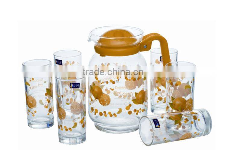 2015 new hot selling drinking glassware set, glass 7pcs water set with decal