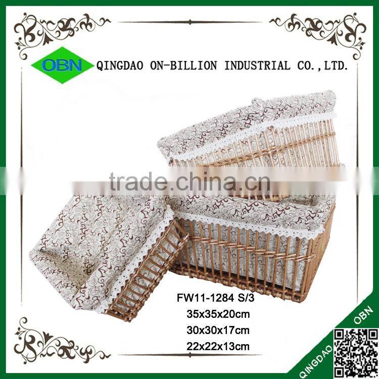 Natural large rectangular handmade cloth lined wicker storage basket