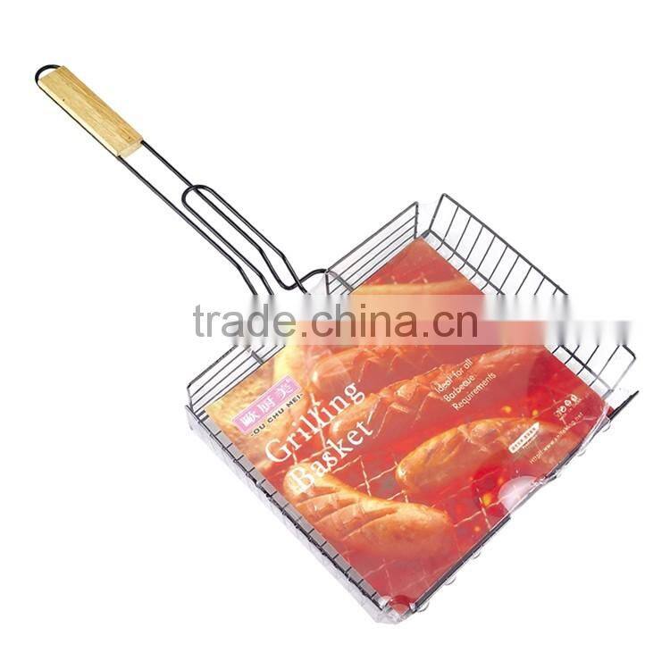 Non-stick grill basket with wooden handle