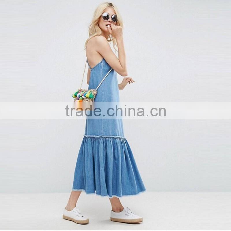 2017 Summer V Neck Cross Back Straps Maxi Long Denim Dress Woman HSD9982
