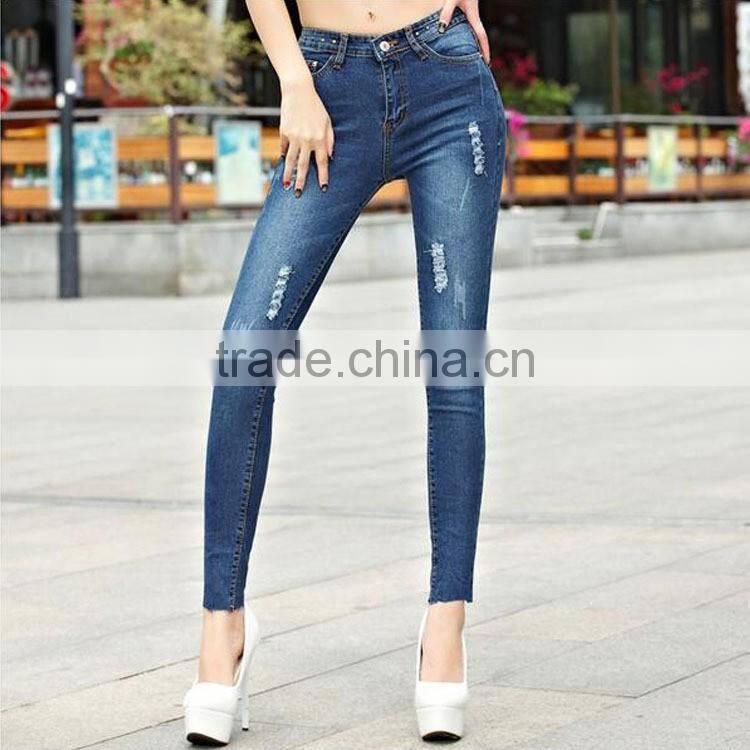 Unique design fashion denim jeans for women blue cotton slim jeans