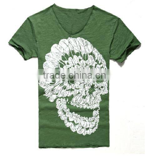 2016 Men Deep V Neck Summer Cotton Skull Print Slim T Shirt