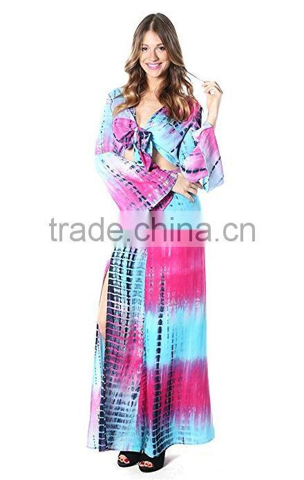 long skirt with kurti and tops for Women's Bohemian 2 Piece Crop Top High Waist Maxi Skirt Dress Set