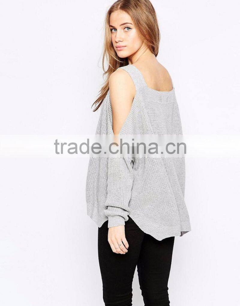 Sweater With Cold Shoulder And Side Splits For Women Light Weight Ladies Custom Gray Knitted Sweaters Loose