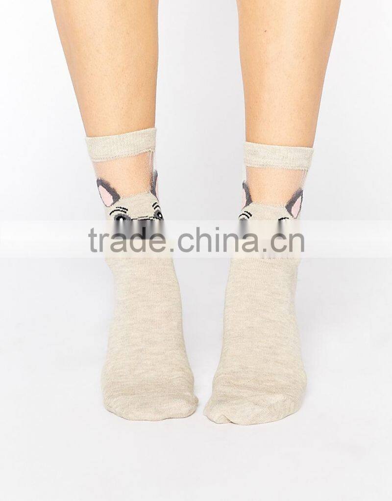 custom wholesale pug sheer panel socks ribbed cuff opening socks
