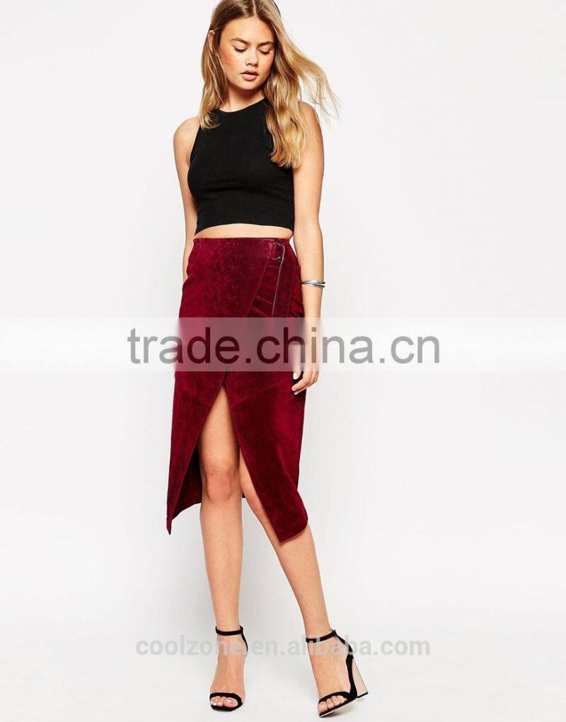 100% Real leather ladies pencil split front wrap skirt