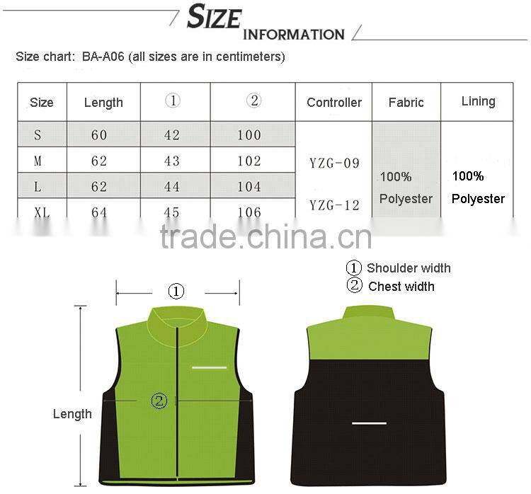 USB rechargeable battery heated reflective vest for running or cycling