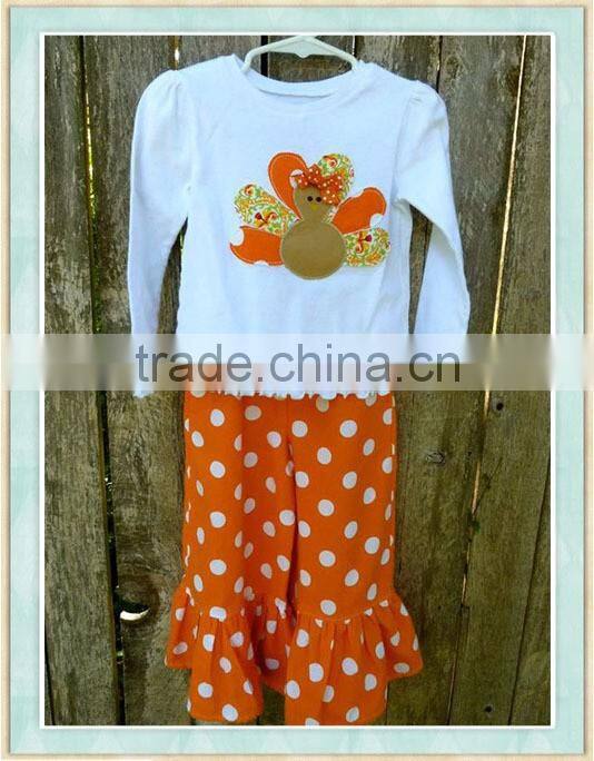 Girly Turkey Applique Shirt and Ruffle Pant Set Long Sleeve White Top with Orange Polka Dot Ruffle Pants For Fall & Thanksgiving