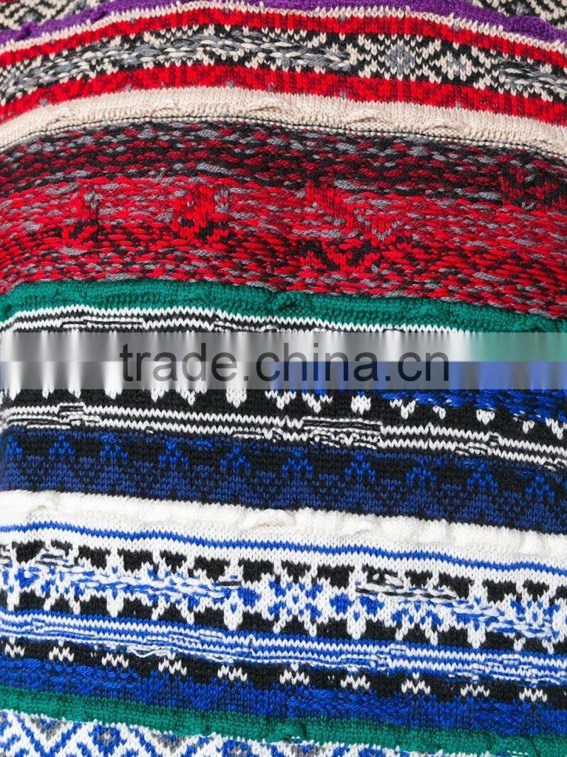 Multi Color Crew Neck Knitted Jumper Men's Intarsia Sweater with Button Decoration on Shoulders