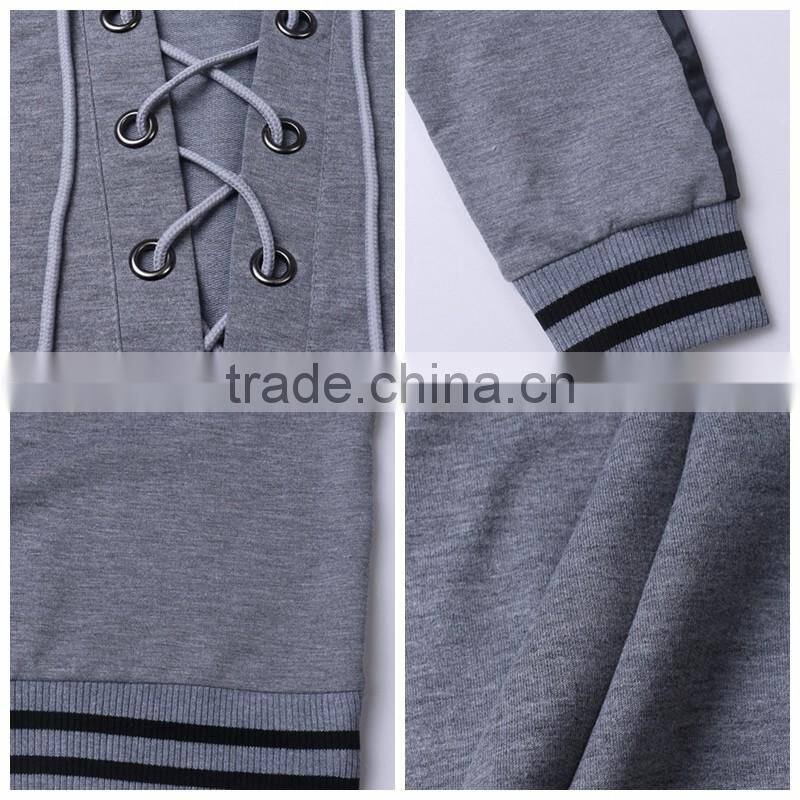 2017 Fashion Gray Lace Up Front Stripe Trims Hoodie for Ladies