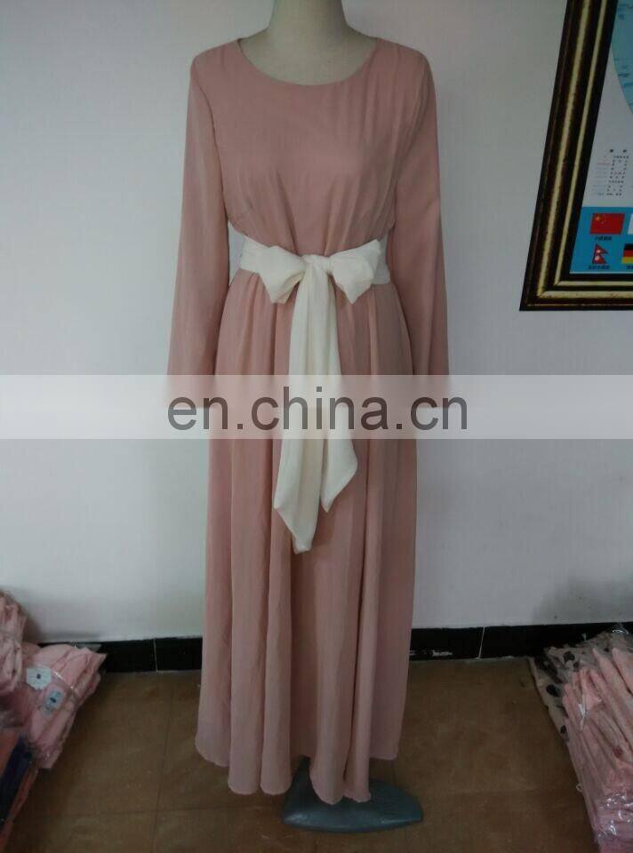 Long sleeve muslim dress for woman,chiffon maxi dress with belt