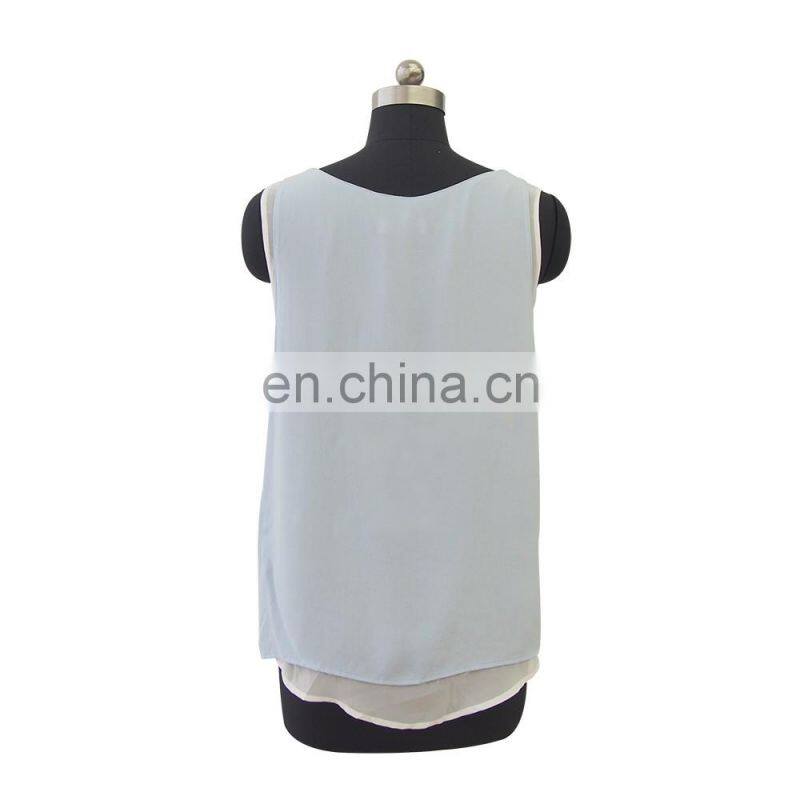 Summer ladies fashion high quality sleeveless blue chiffon blouse