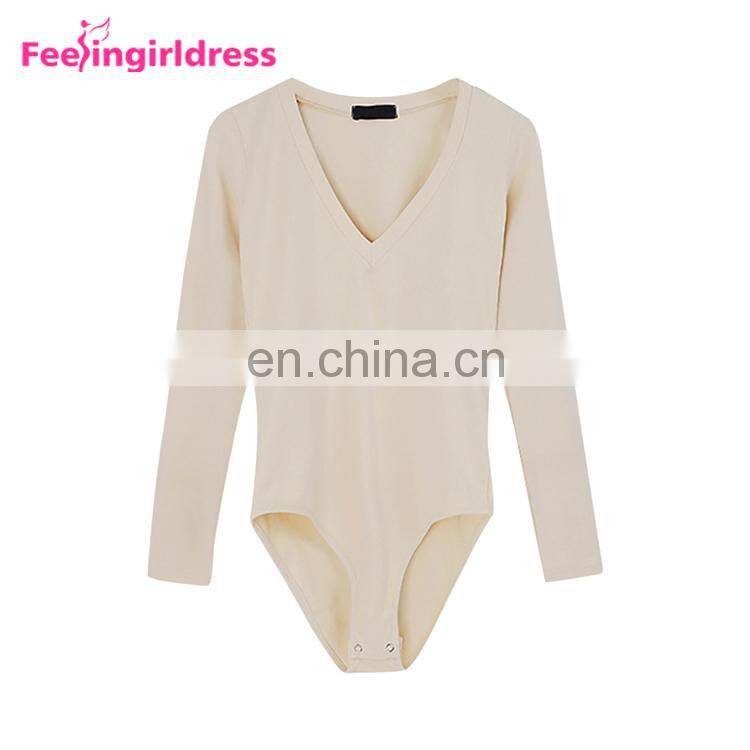 Apricot Color Bandage V Neck Winter Womens Bodysuit Long Sleeve Rompers Jumpsuits