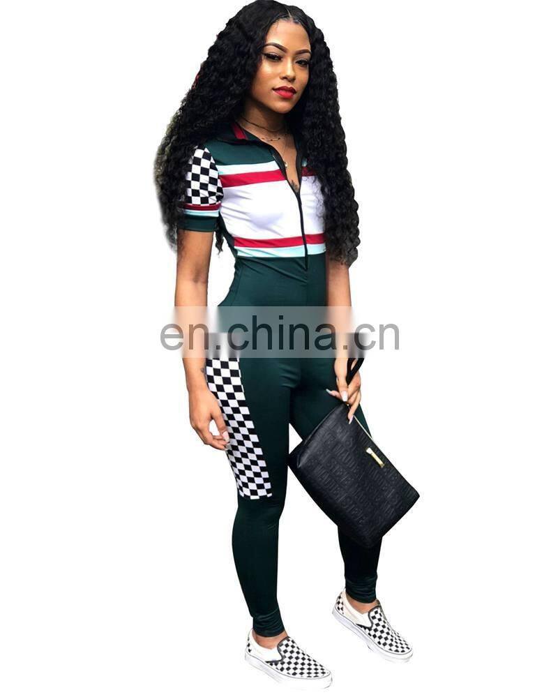 Summer Sexy V Neck Jumpsuits Plaid High Waist Rompers Front Zipper Womens Jumpsuit Bodycon Overalls Short Sleeve Playsuit