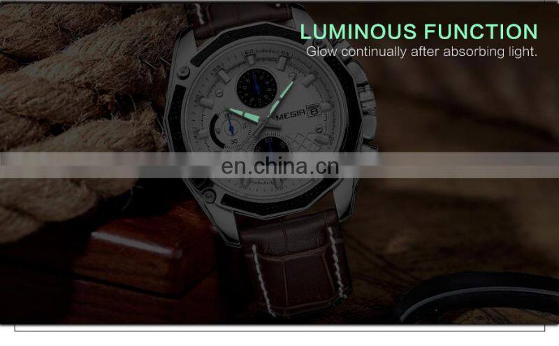 MEGIR 2015 Men Leather Strap Analog Chronograph Calendar Wrist Watch Military Sport Men Wristwatch