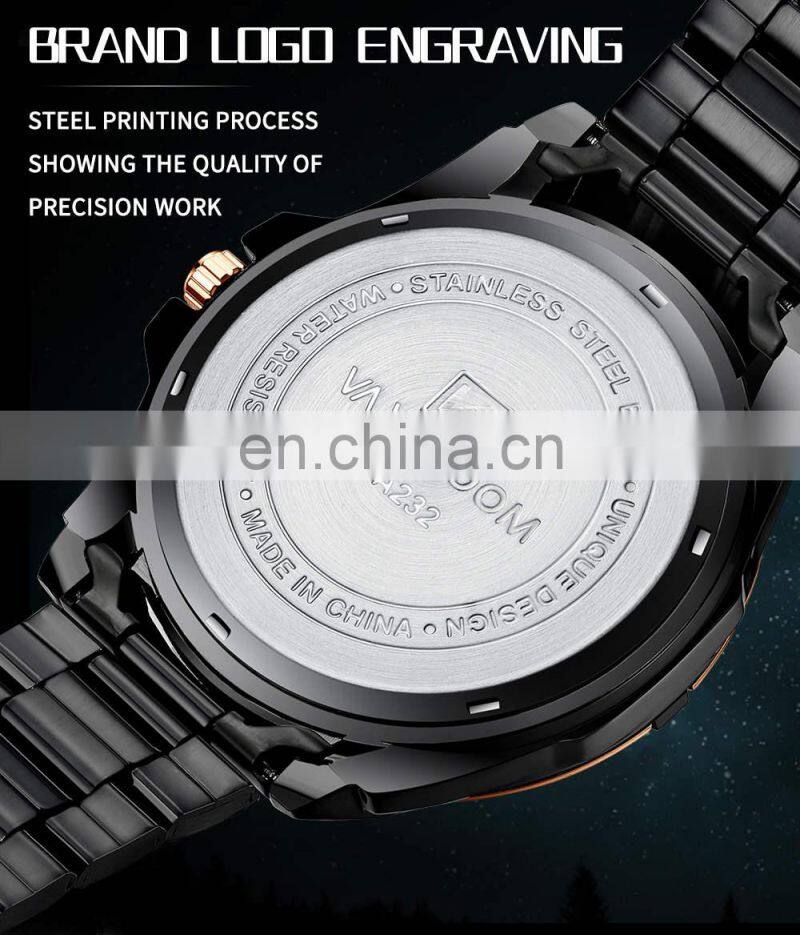 VA VA VOOM 2321 Men Quartz Watch Sports Fashion Rose Gold Case Black Stainless Steel chain watch for men