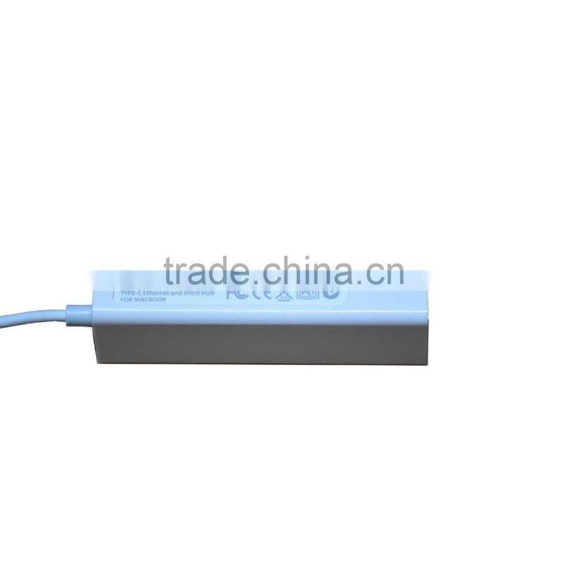 White Color Type C USB-C Cable Adapter 3 USB Ports RJ45 Ethernet Connector for Macbook 12" square tube connector