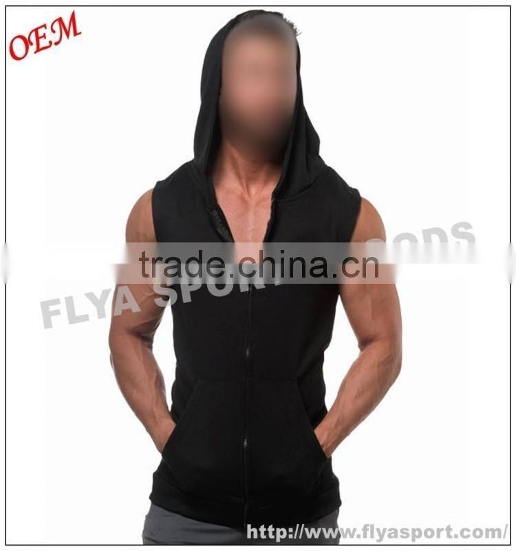 2016 Latest high quality blank sleeveless tank top pullover zipper gym singlet hoodies