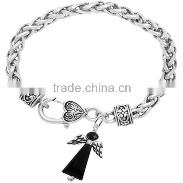 Winged And Genuine Jet Black Crystal Angel Charm Chain Link Bracelet