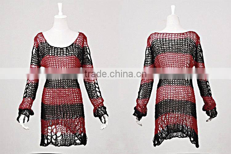 PM-004 Branded Red and Black Fashion Punk Rave Broken Pullover Striped Sweater