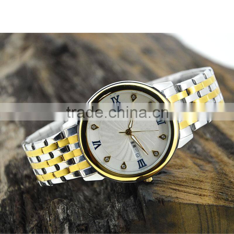 2015 new design stainless steel watch genuine leather strap watch