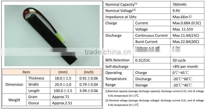 VB LiFePo4 Airsoft Battery 9.9V 800mah 15C airsoft gun battery accept OEM logo with Deans mini Tamiya connector