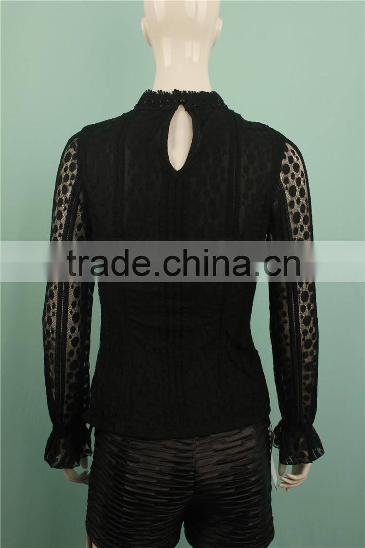 2016 A/W black color women long sleeve blouse