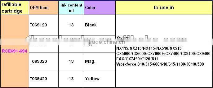 (RCE691-694) refillable ink inkjet cartridge for Epson T0691-694 69 CX7450/C120/N11 workforce 310/315/600/610/615/1100/30/40/500