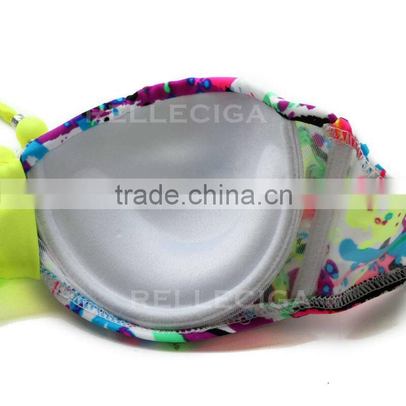 RELLECIGA Bandeau Bikini Series - Doodle Print 1/2 Cup Bandeau Top Girls Swimwear Bikini Neon Yellow Ties at Neck and Pearlish D