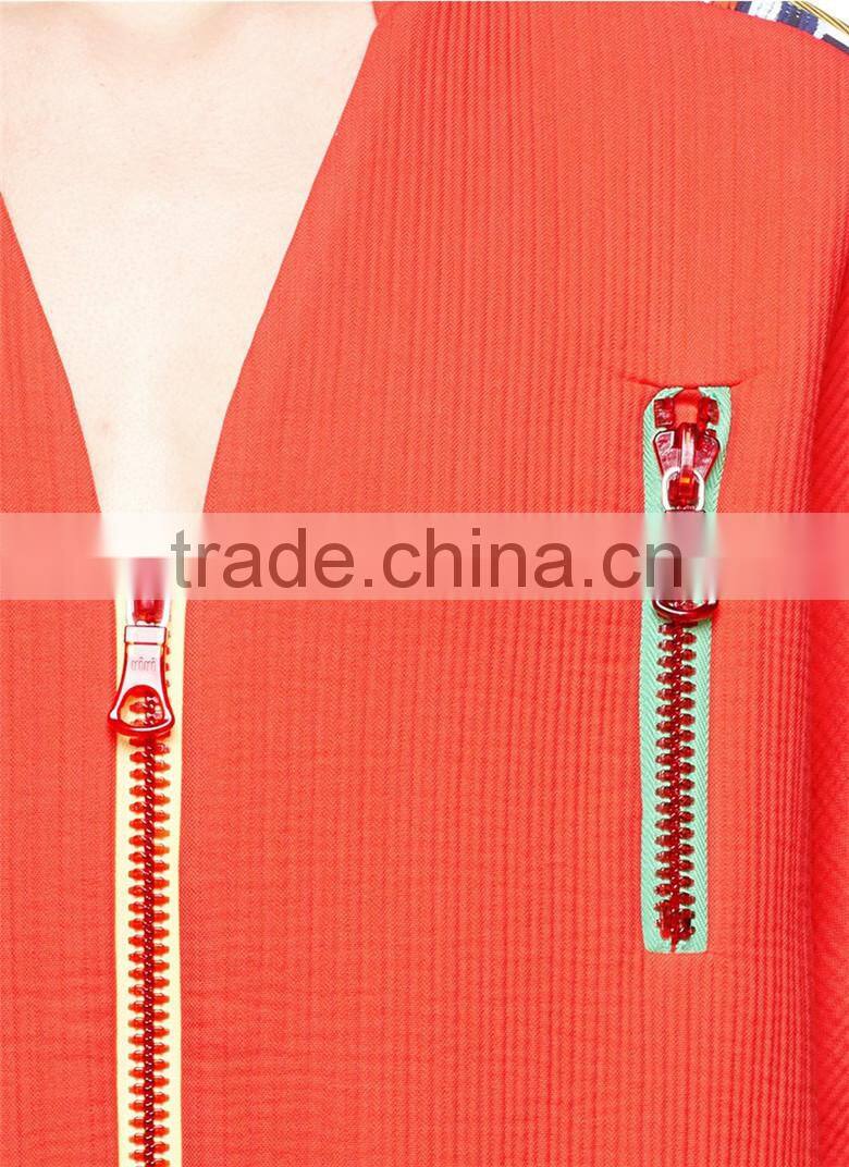 2015 Garment Factory Orange Stripe Zip Ladies Coat, Women Long Sleeve Jacket