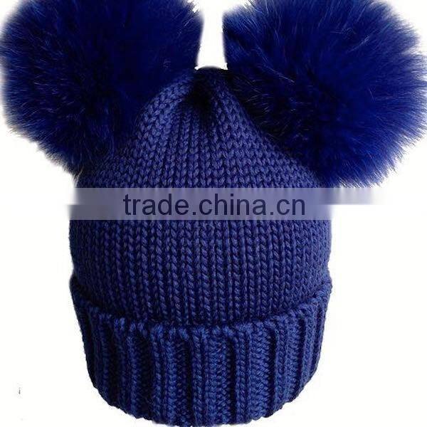 New Design Knitted Wool Baby Beanie Hat with Two Fox Fur Pom poms Balls for Cute Baby
